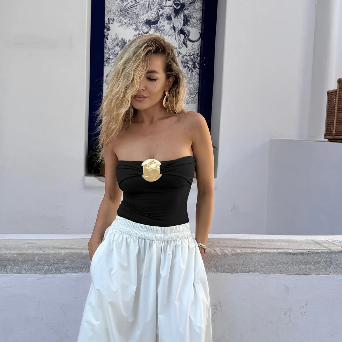 2025 Strapless Pleated One-piece Swimsuit for Women Sexy Solid Color Triangle Swimwear Bandeau Bathing Suit Beachwear Monokini