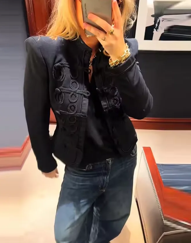 Retro Denim Napoleon Military Jacket Women Vintage Stand Collar