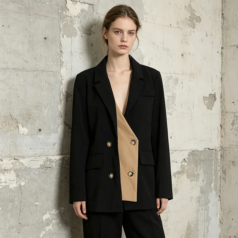 SuperAen European and American-style Casual Tops 2026 Autumn New V-neck Double-button Color-matching Design Notched Suit Jacket
