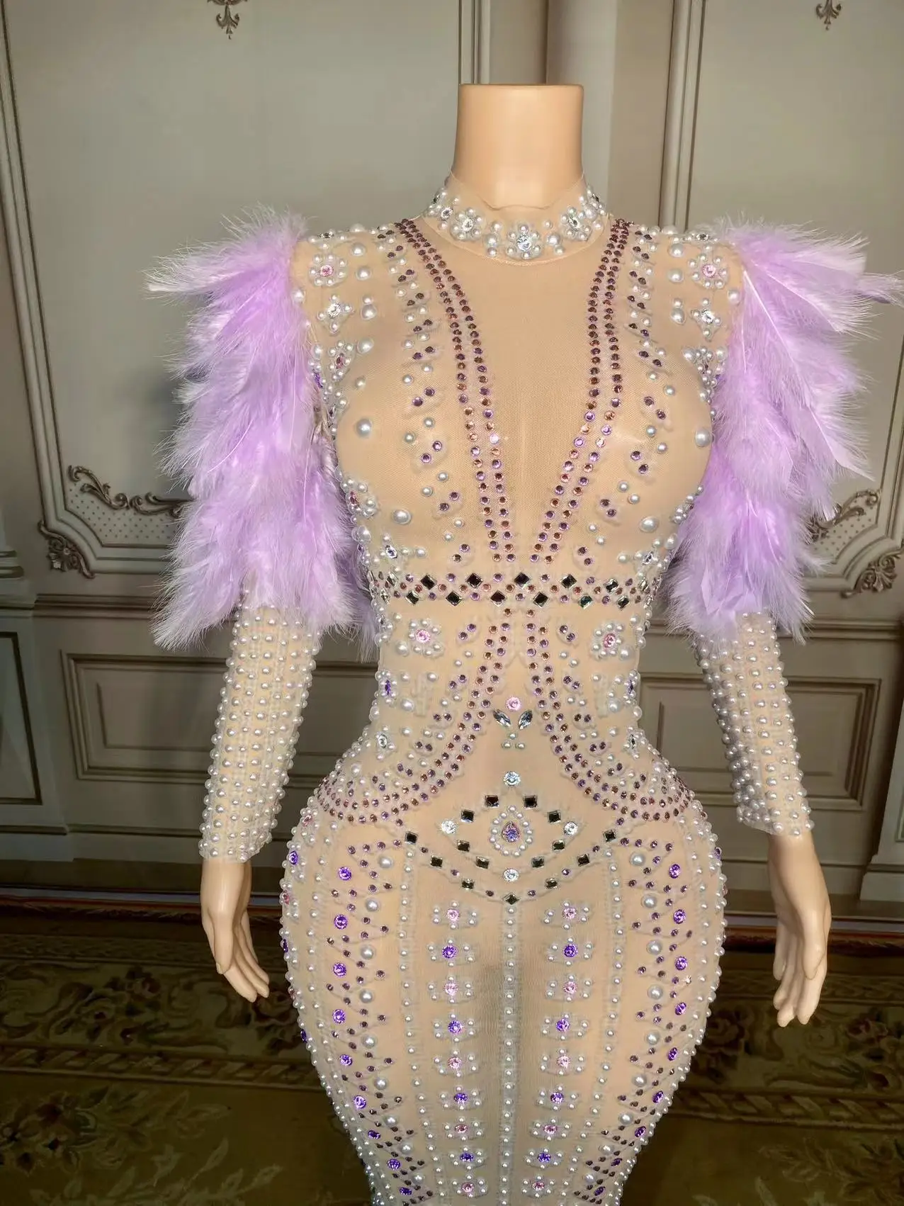 ZD-فستان بأكمام ريشة للنساء ، لؤلؤ ، أحجار الراين ، راقصة ، مغني ، ملابس حفلات المسرح ، زي الاحتفال ، موضة