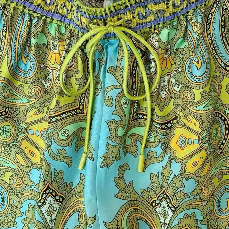 Silk Wide Leg Pants Women's Retro Fashion Print Elastic Waist Long Pants 2025 New Style