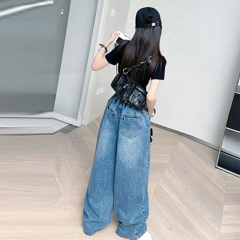 Teenage Girls Street Bow Jeans Elastic Mid Waist Loose Kids Denim Trousers New 2027 Spring Fashion Children Cute Wide Leg Pants 5