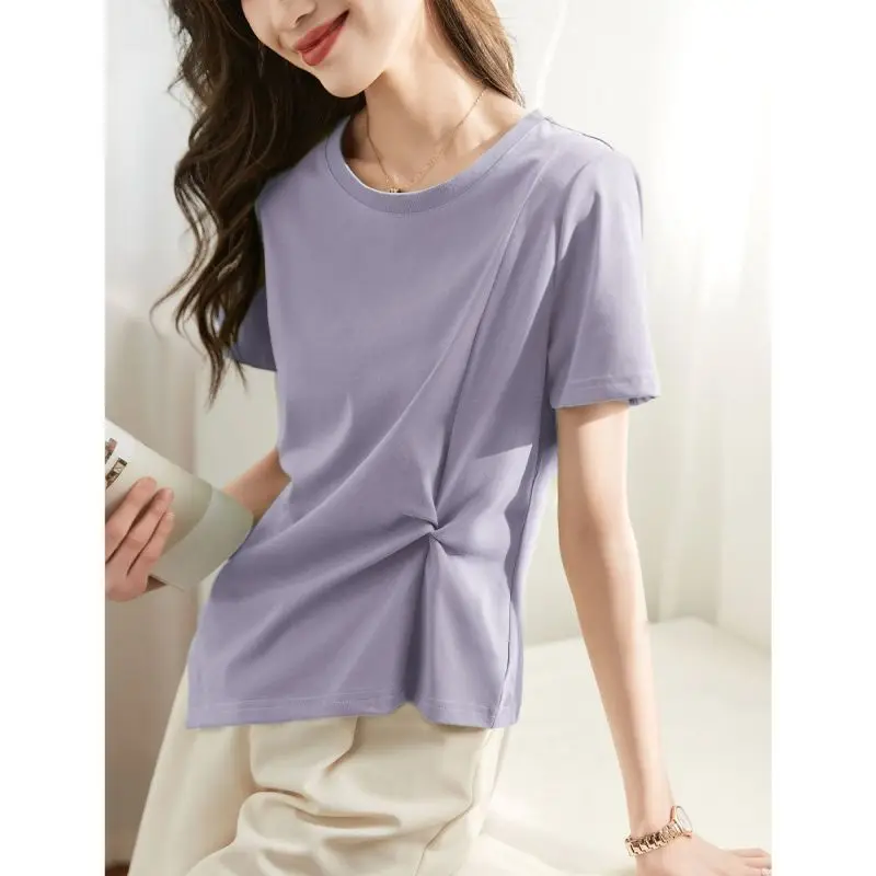 2023 Female Clothing Summer New Fashion Versatile Casual Women's T-shirt Solid Round Neck Pleated Short Sleeve Tops
