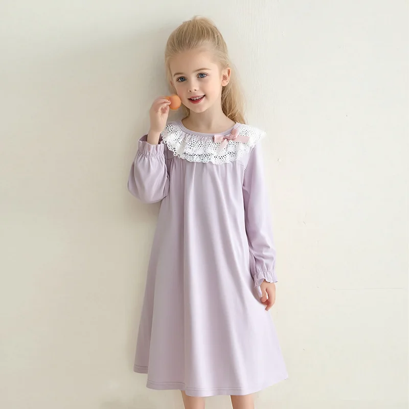 Girls Princess Cotton Nightgowns Mother Daughter Long Sleeve Nightdress Knitted Pajamas Kids  Bud Silk Sleepwear 4-20 Yer