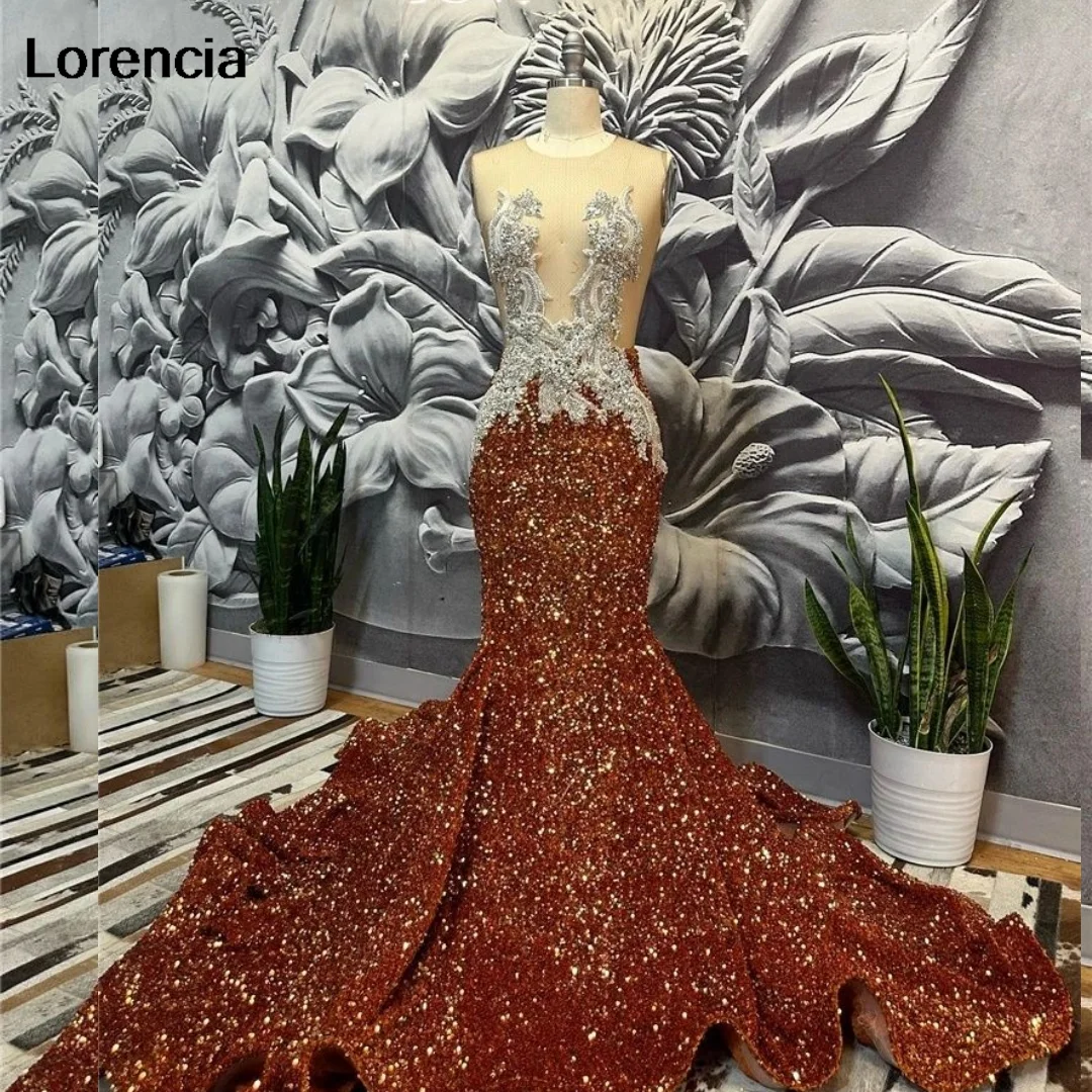 Lorencia Sparkly Long Prom Dress For Black Girls 2024 Brown Beaded Appliques Sequins Birthday Party Gowns Robe De Soiree YPD65