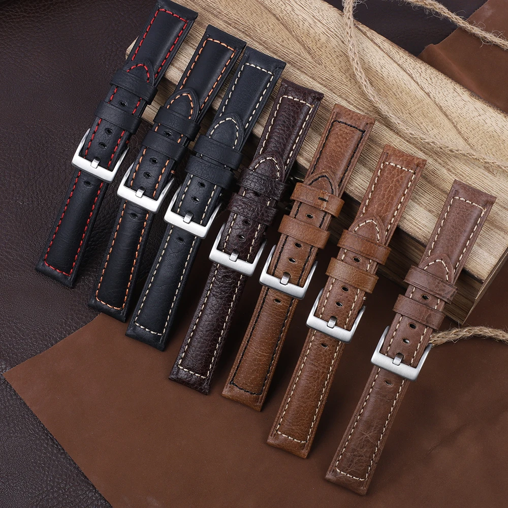 Vintage Cracked Real Leather Watchband Waterproof Cowhide For Panerai 18mm 19mm 20mm 21mm 22mm Watch Strap Man Wrist Accessories