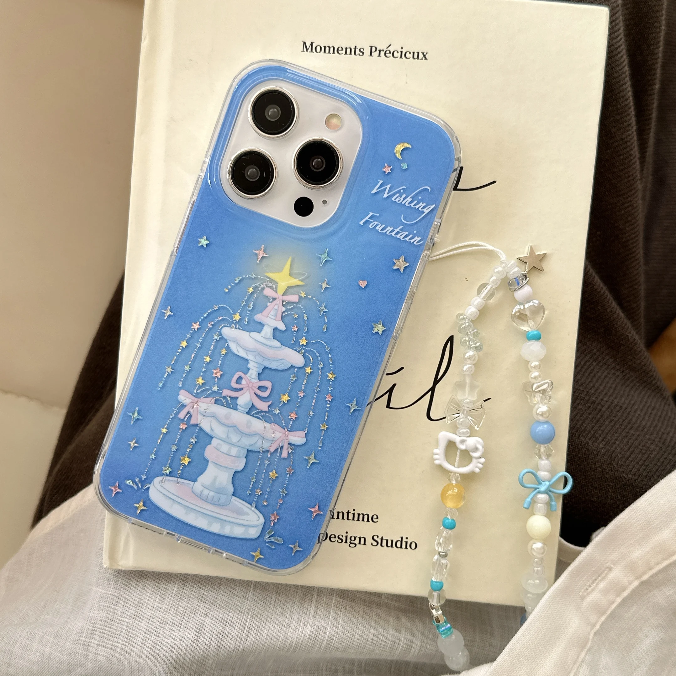 Ins souhaitant fontaine étoiles perle chaîne fond bleu coque de téléphone pour iPhone 16 15 14 13 Pro Max couverture arrière fonds