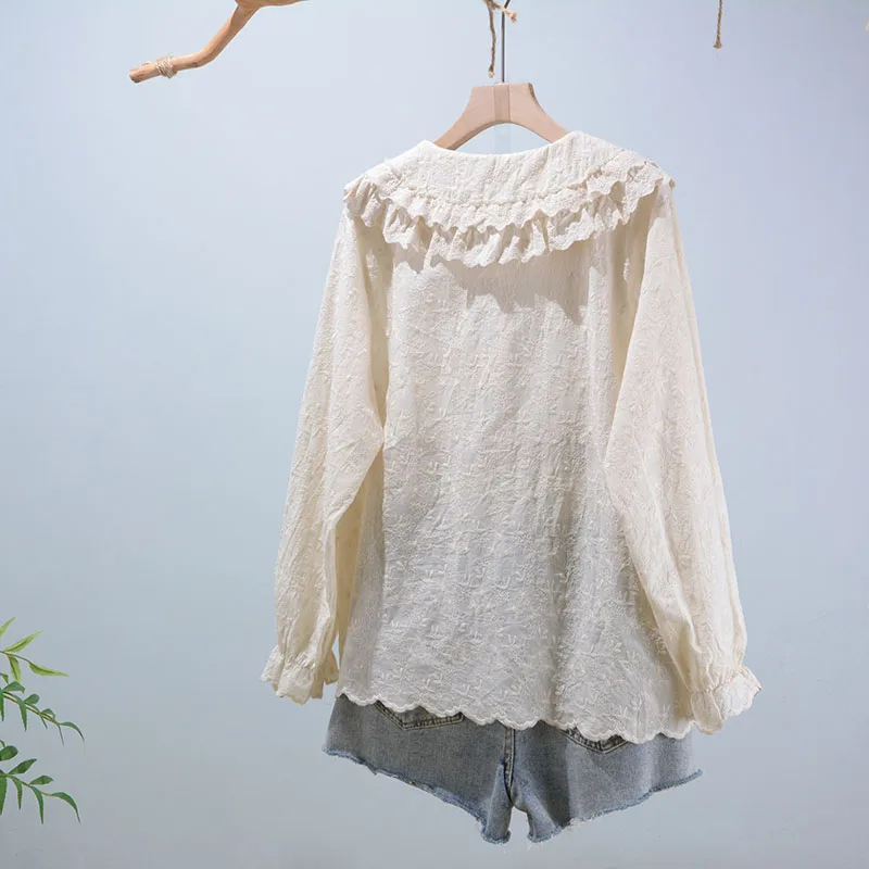 Frühling 202 Süßes, lockeres Baumwollkleid für Damen mit besticktem Puppenkragen, Spitzeneinsatz und langen Ärmeln im geraden Schnitt