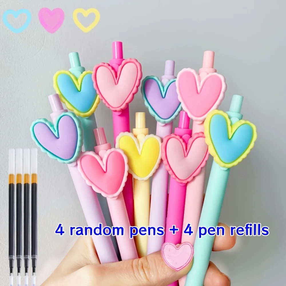 Macaron Heart Retractable Gel Pen Set 4Pcs Pens + 4Pcs Refills Black Ink Smooth Writing Cute Stationery for School Office Use