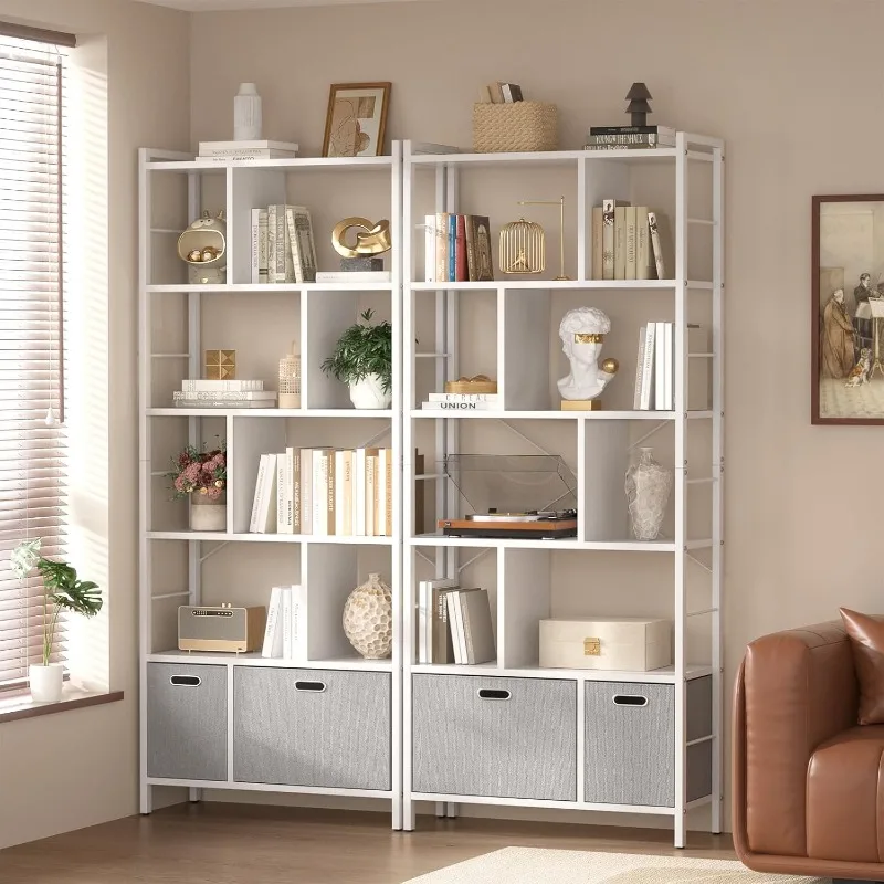 74 Inch High Bookshelf, 6 Shelves with Drawers, Modern Bookshelf with Storage Space, Wood and Metal Bookshelves, White