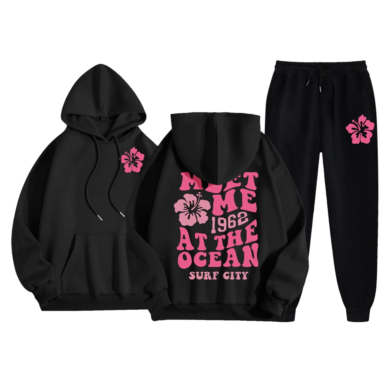 Padded Hooded Sweatshirt Sweatpants Long Pants Set Meet Me At The Ocean 1962 Surf City Y2k Hoodies American Outdoor Hoodies