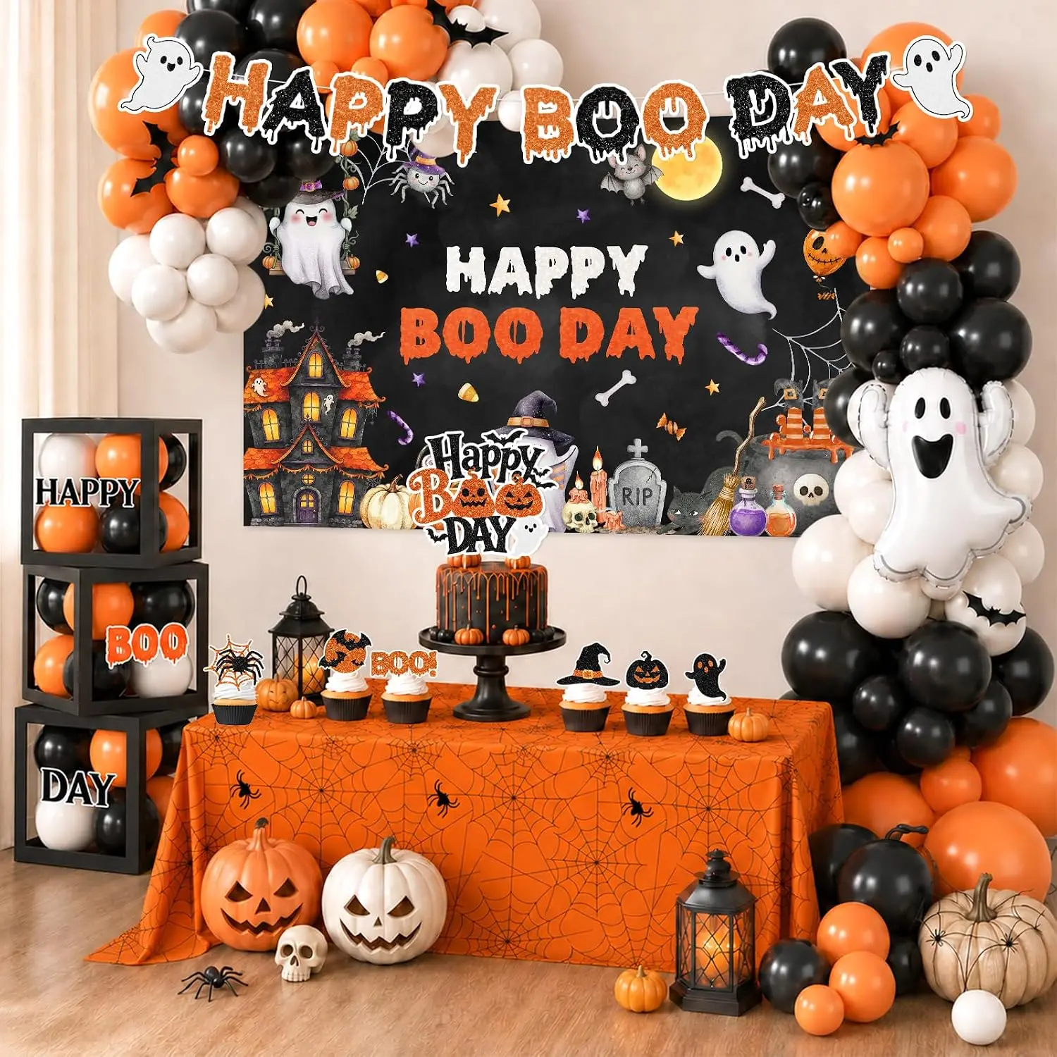 254Pcs Halloween Birthday Party Decorations, Happy Boo Day Decorations Kit with Happy Booday Banner Balloon Plates Napkins Cake Toppers and Stickers for Birthday Ghost Party