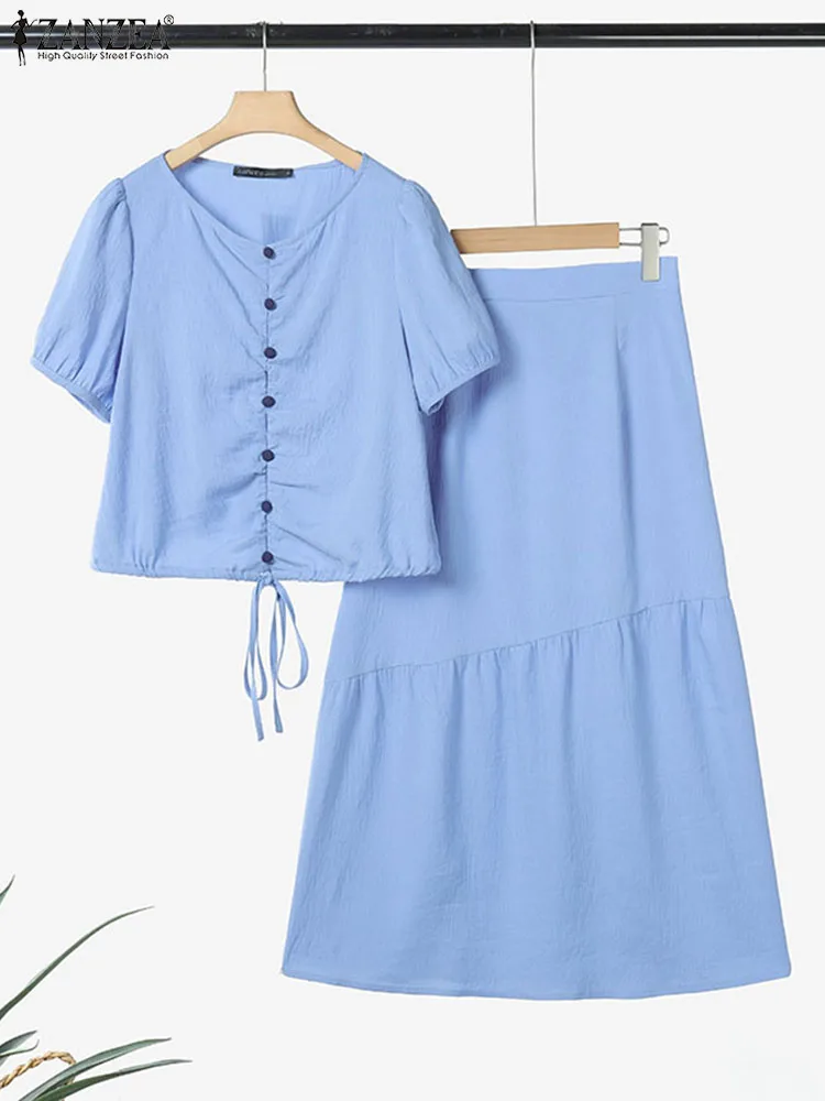 

ZANZEA Elegant Summer Dress Sets Women Short Sleeve Tops and Long Skirts 2025 Fashion Two-piece Outfits Solid Casual Loose 2pcs
