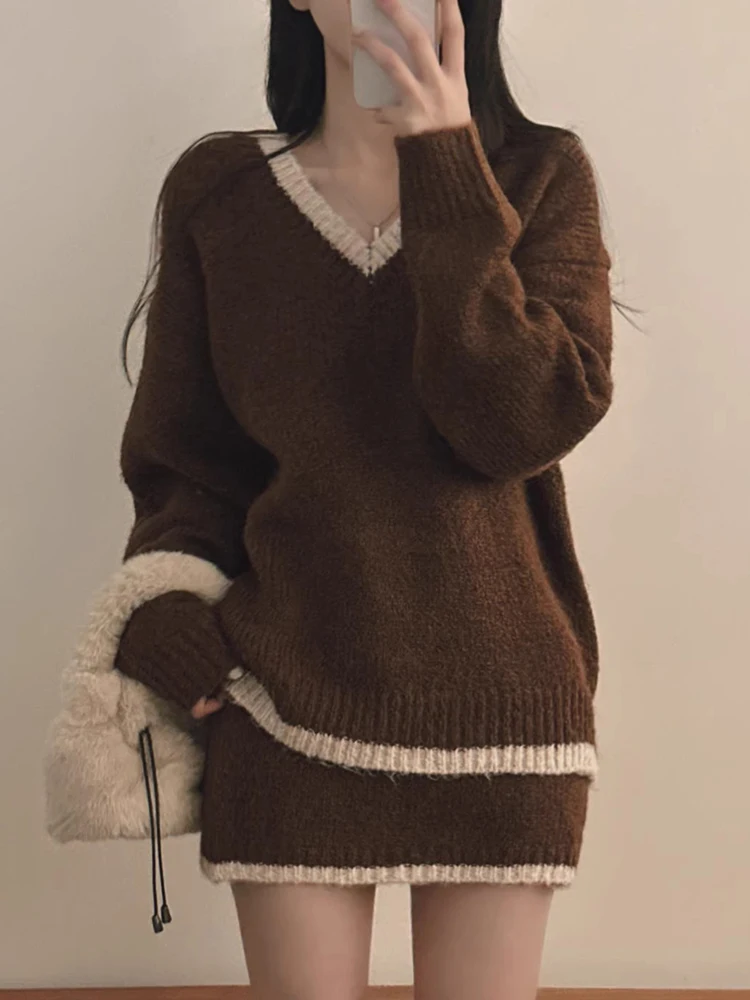 

Chic Autumn Winter New Sle Retro Color Blo Long Sve Sweater High Waist Knitted Skirt Set Soft Cozy Commute Sle ...