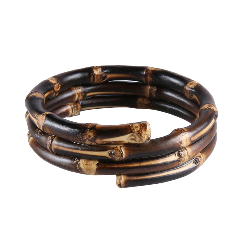 Nilerun Vintage Retro Unique Handmade Three Circles Rings Twisted Stacked Wide Rattan Black Natural Bamboo Root Bracelet Bangle