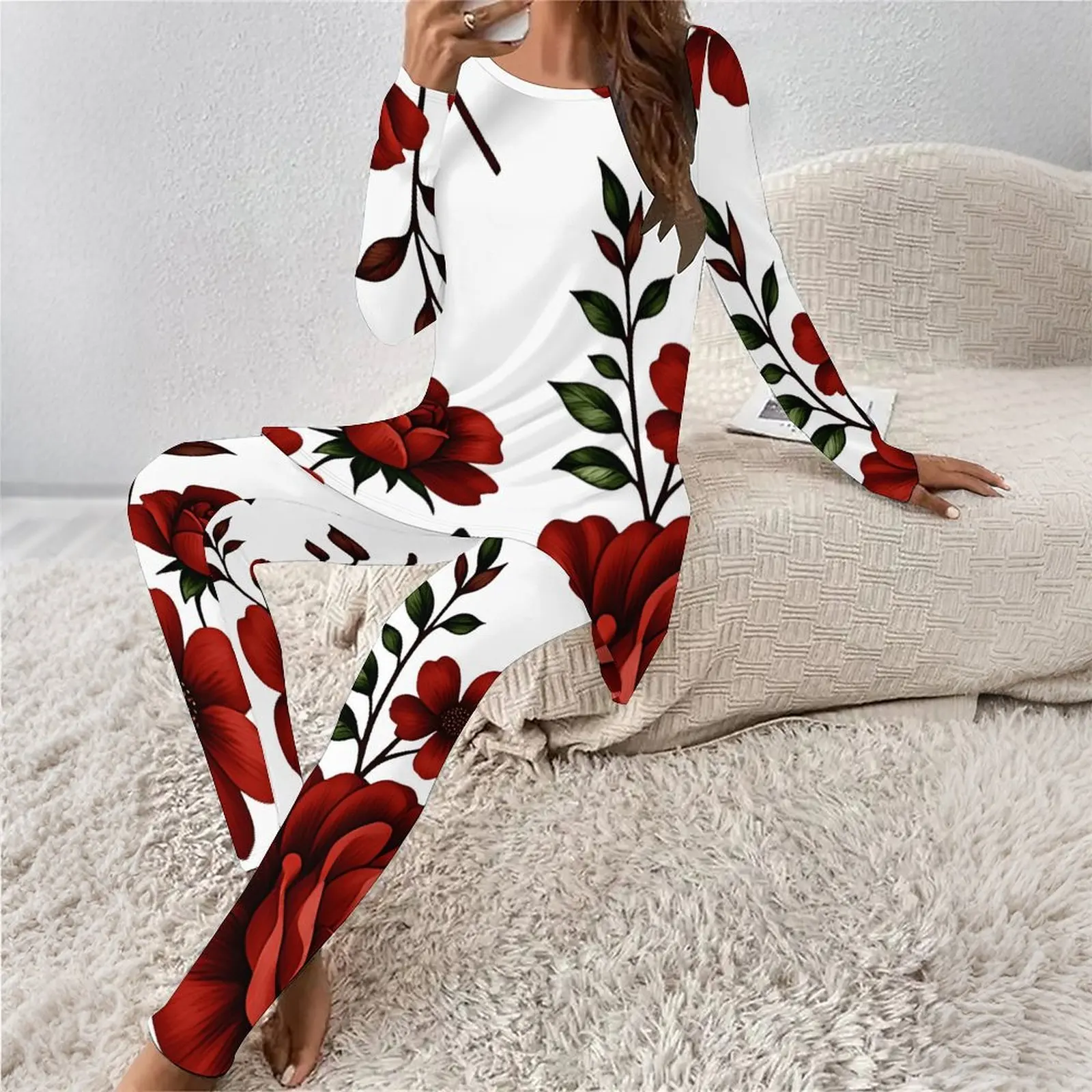 Winter Elegant Two-piece Set Round-neck Retro Suit Fashion Tight Pants Autumn Daily Long Pants Women's Print Long-sleeved
