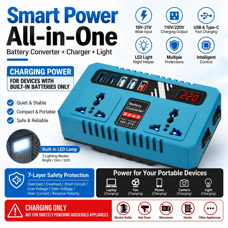 Przenośna stacja ładowania o mocy 150 W, konwerter do akumulatorów Makita 18 V, zasilanie 110 V i 220 V, do ładowania urządzeń akumulatorowych, idealna na kemping.