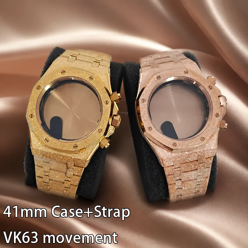 

VK63 Case 316L Steel 41mm Gold/Rose Gold Case+Strap Shining Star Sanding Sapphire Crystal Case For VK63 Movement Fit 31.8mm Dial