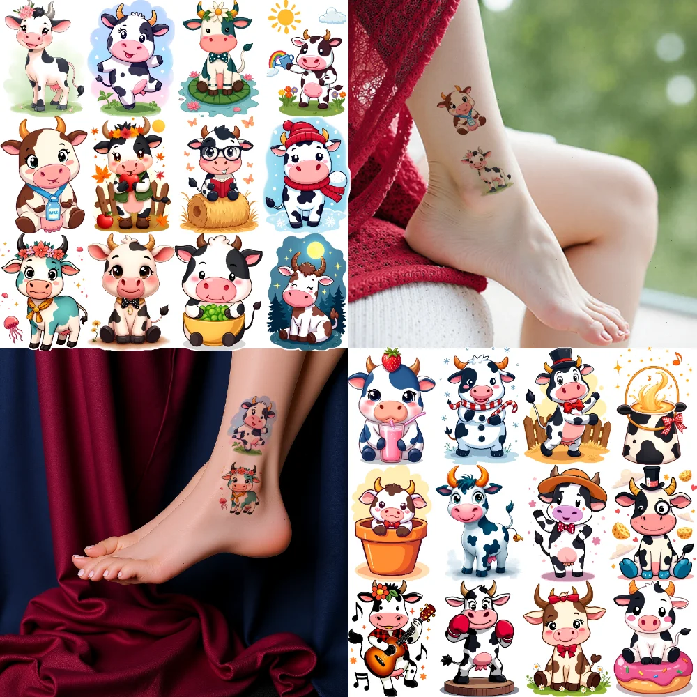 63pcs Temporary Tattoo Cute Animal Stickers Waterproof Long-lasting Body Stickers Cow Stickers For Men Cheeks