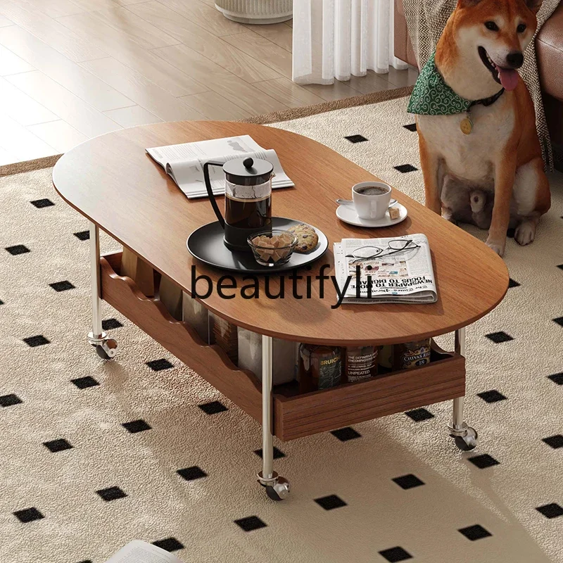 

Simple 1.4 meters coffee table modern light luxury medium ancient style movable coffee table with wheels oval