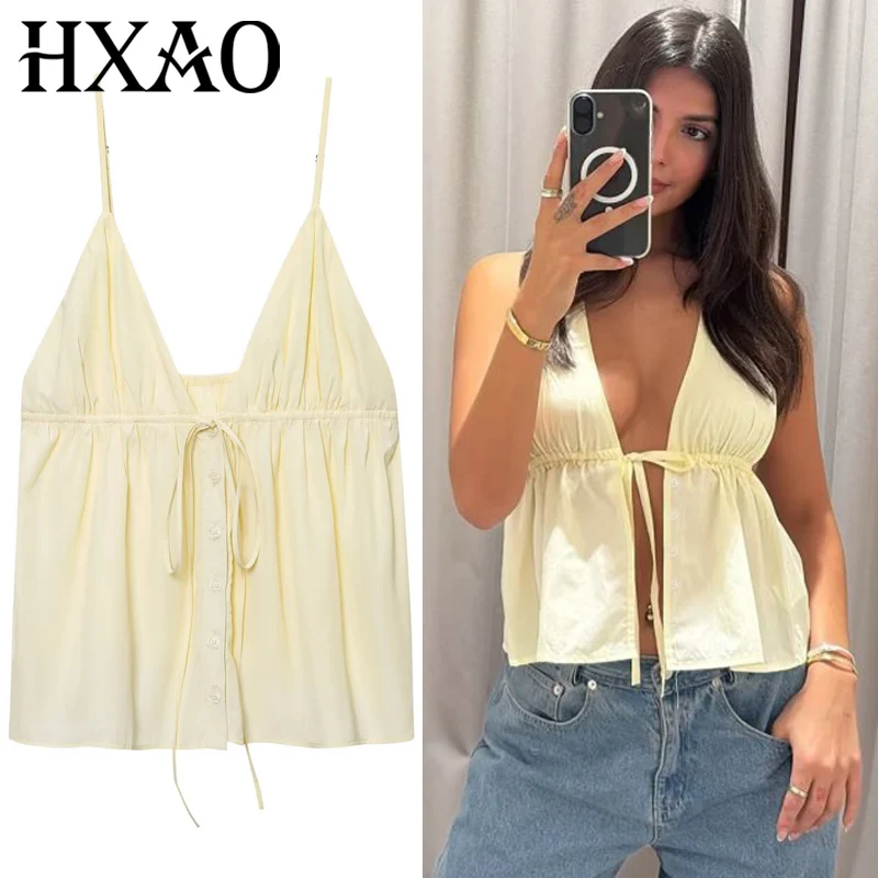 HXAO Damen-Top, gelbes Slip-Top, Damen-Sommer-2025, bauchfreies Schnür-Tanktop und Camis, gerüschtes, ärmelloses, rückenfreies, kurzes Tank-Top, schicke Tops