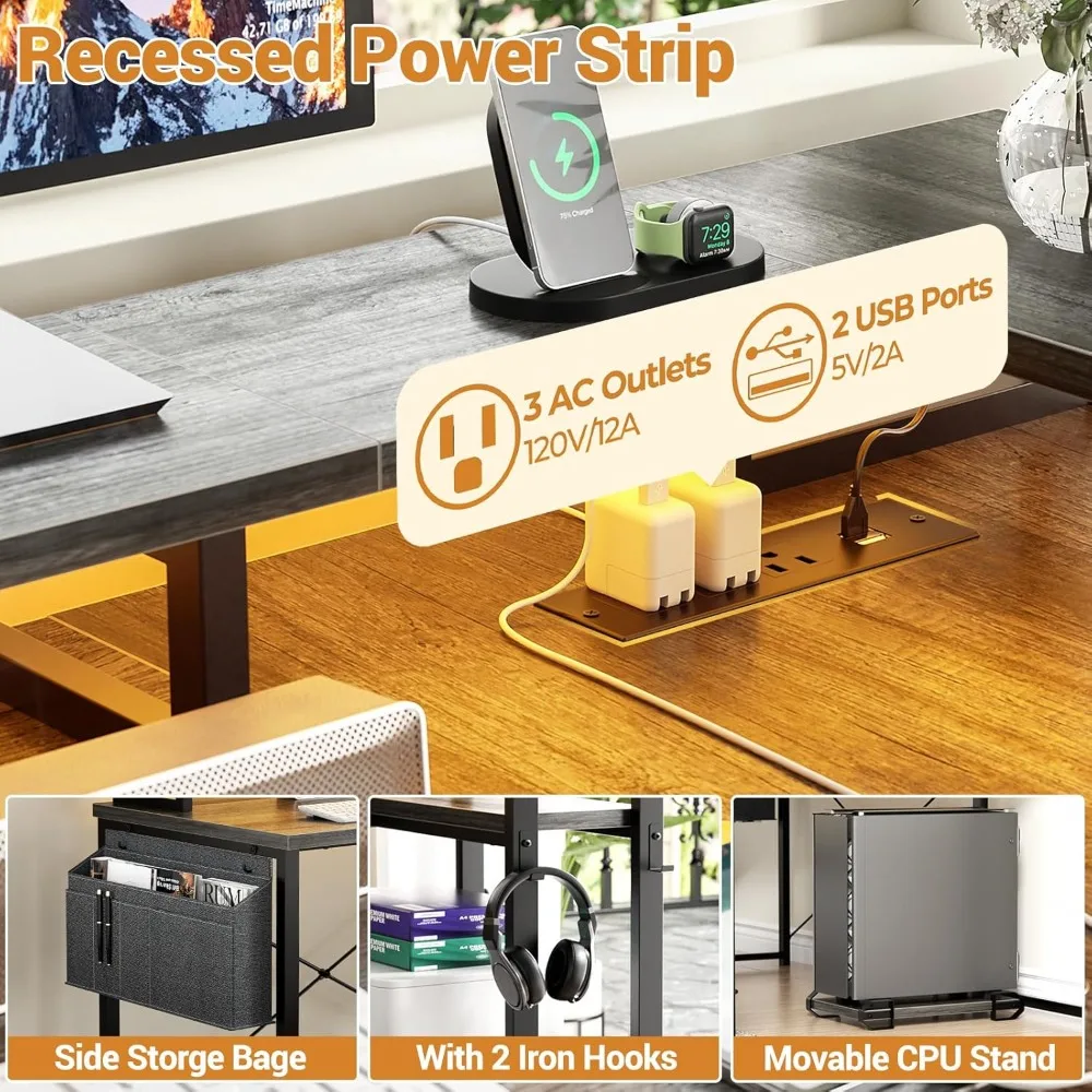 L Shaped Desk with File Drawer, Reversible L Shaped Computer Desk with Power Outlet & LED Lights