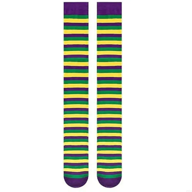 P8DB Mardi Gras Thigh High Socks Carnival Cosplay Party Multicolored Striped Printed Over the Knee Long Stockings for Womens