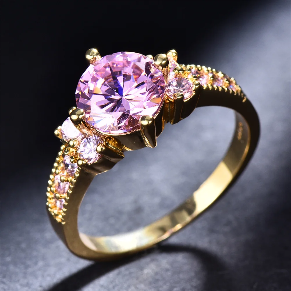 Elegant Pink Crystal Round Stone Engagement Rings For Women Vintage Gold Color Wedding Band Birthstone Jewelry Mother\'s Day Gift