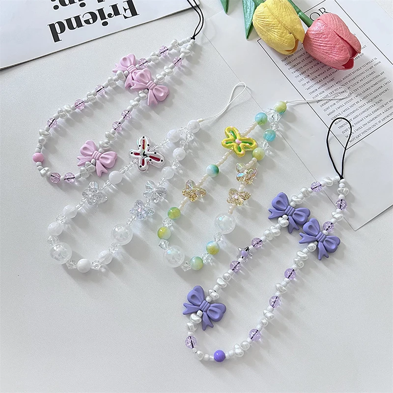 

Colorful Bow Phone Chain Short Charm Wrist Strap Keycord Cellphone Lanyard Girl Keychain Mobile Phone Case Hanging Chain