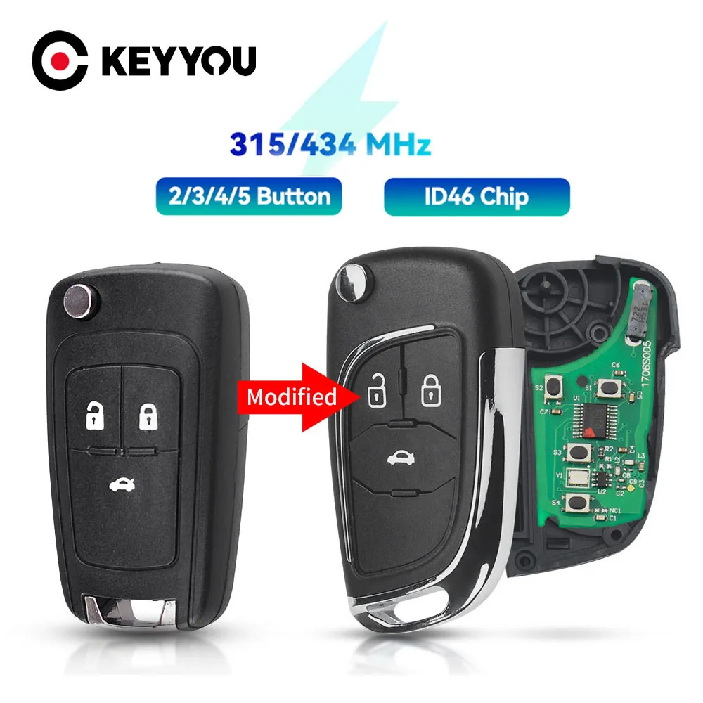 

KEYYOU Modified 2/3/4BT Car Flip Remote Key 315/433MHz ID46 Chip For OPEL/VAUXHALL Astra J Corsa E Insignia Zafira C 2009-2016