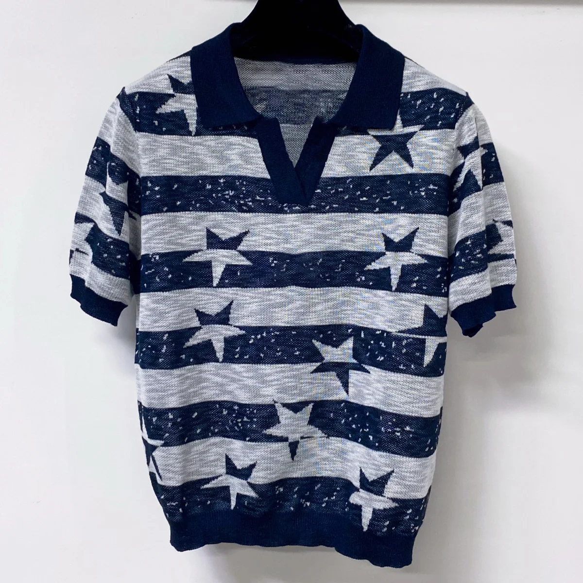 2026 High Quality Women Star Striped Knit Polo Shirt V Neck Short Sleeve Thin Knit Top lyt2672627
