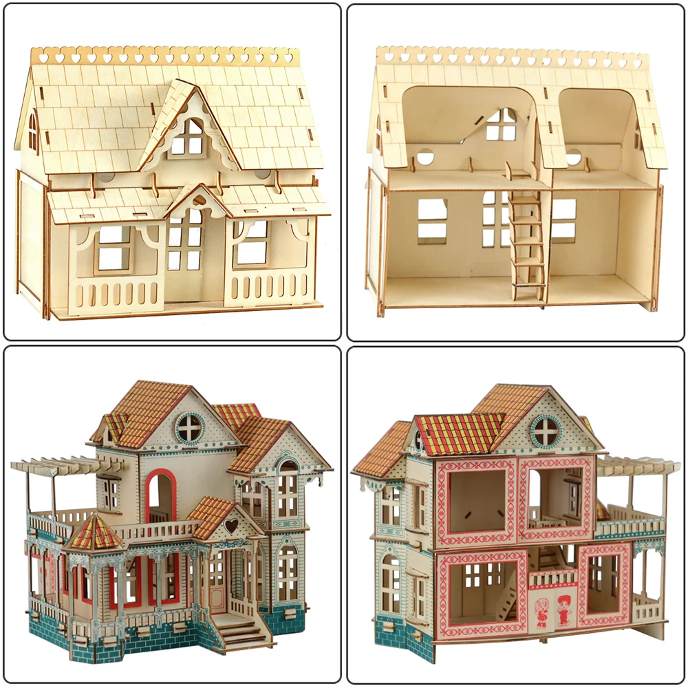 Wooden 3D Puzzle Miniature Furniture Dollhouse Villa House Model DIY Assembled Educational Pretend Play Toys For Children Girls