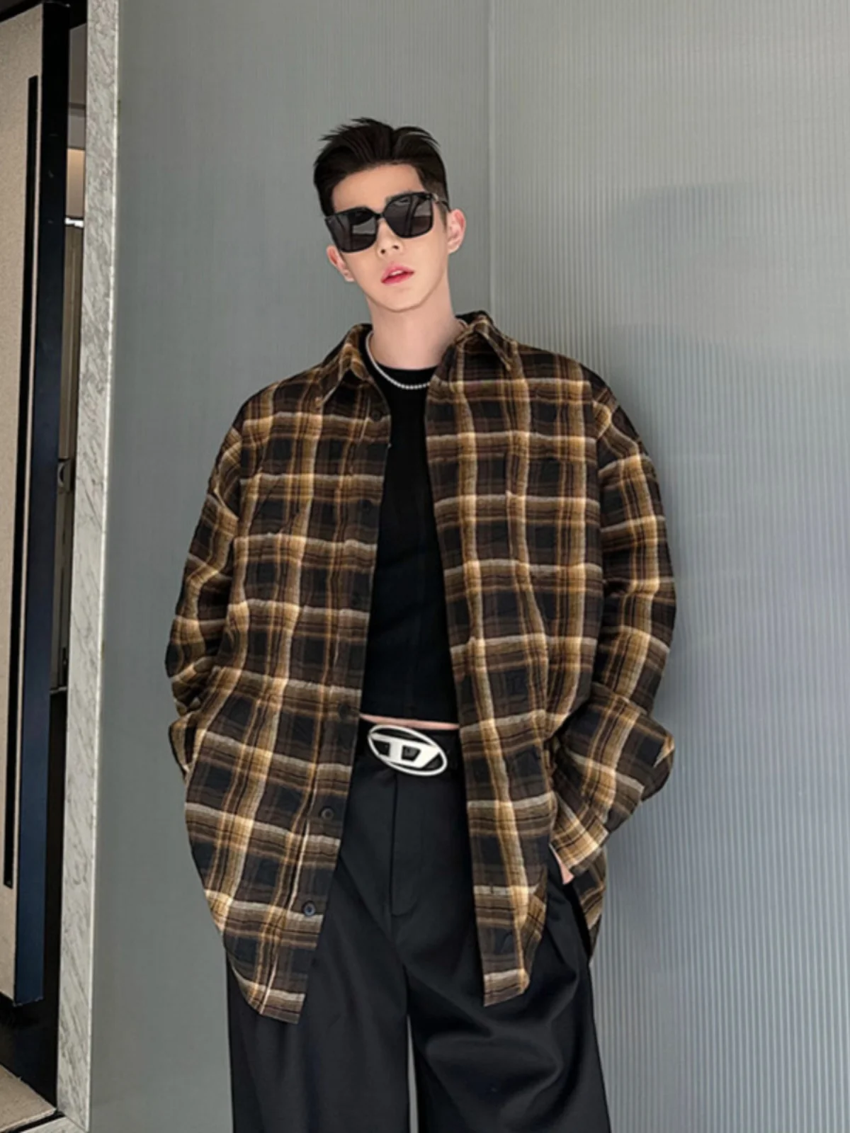 

Retro Plaid Oversize Men's irt Jaet Long Sve Design Korean Sle Spring Summer Autumn Winter Trendy Outfit Youth Faion