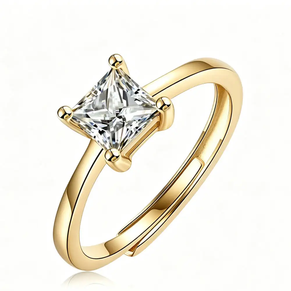 925 Sterling Silver Princess Four Prong Adjustable Solitaire Ring D VVS1 Moissanite Multi Tone Engagement Fine Jewelry For Women