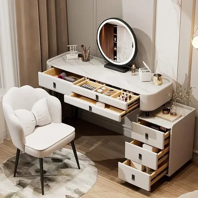 

Vanity Table Made of Solid Wood, Features Modern Sintered Marble Top, Touch Screen HD Mirror, Vanity Set 6 Drawers