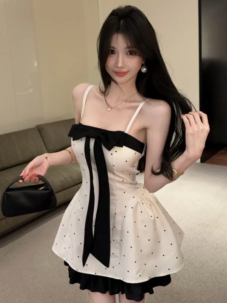 

Polka Dot Design Summer New High Waist Puffy Skirt Dress Knot Splicing Slimming Strap Korean Style Commute Dress