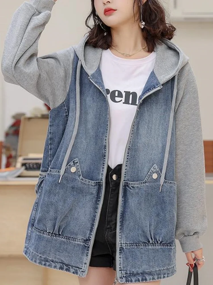 

Trendy Oversized Hooded Denim Jaet Women's Spring Autumn New Sle Casual Top Large Size Mid-Length Commute Sle