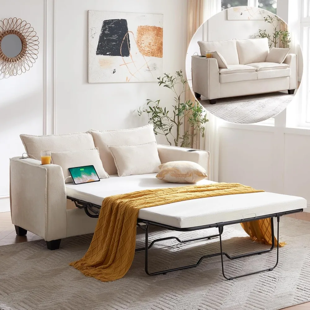 

Pull Out Sofa Bed, Sleeper Sofa Couch, 2-in-1 Convertible Chenille Loveseat with USB Charging Ports and Memory Foam Mattress