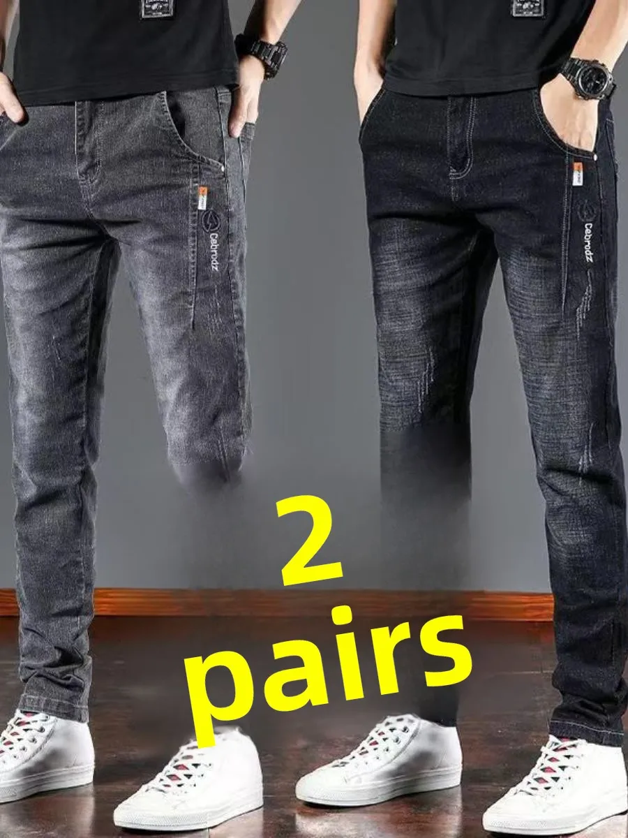 

Spring Autumn Elastic Men's Slim Straight Casual Faionable Jeans mid Waist Waed Bright Tead Busin Wear Pure Color