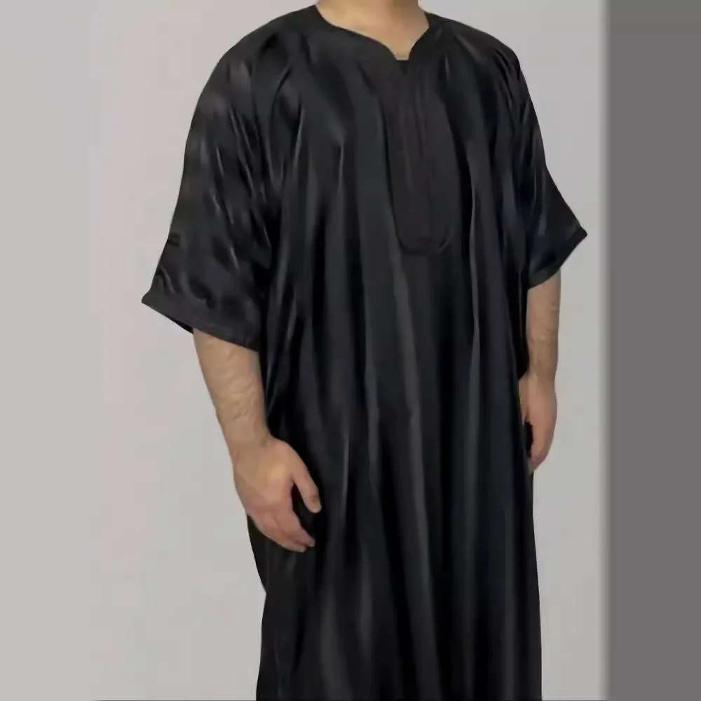 2025 New Hot Sale! Black Loose Casual Muslim Men's Robe, Middle Eastern Embroidery Middle Eastern Style Robe