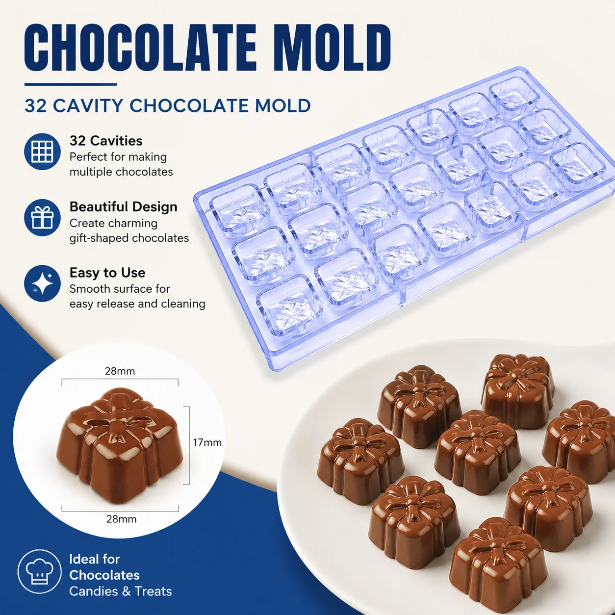 21‑Cavity Gift‑Box Polycarbonate Chocolate Mold, Bow Present Shapes, Decorative Bonbon Candy Mold for Home Bakery Confectionery