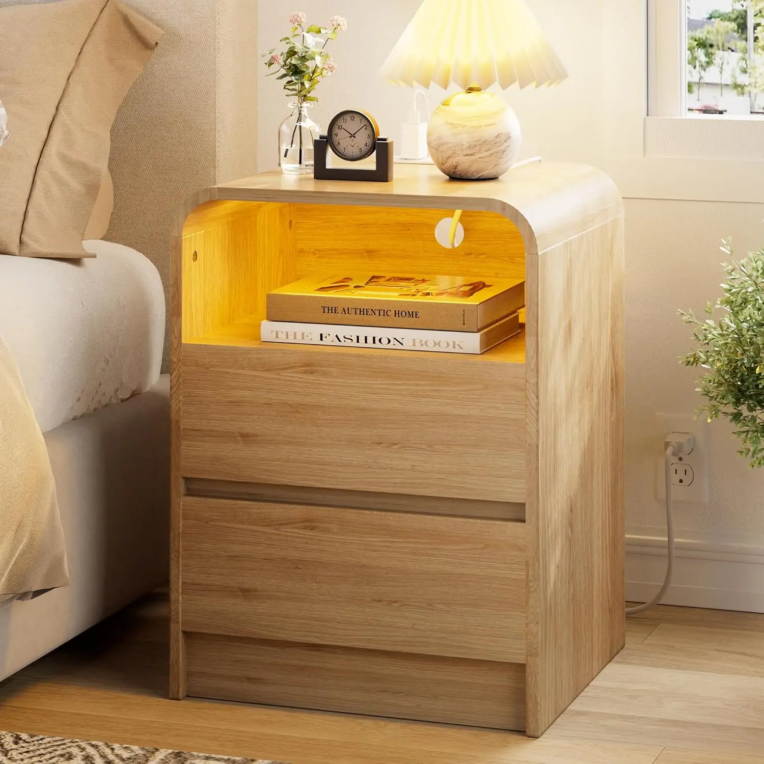 Night Stand, Led Nightstand, Handleless 2 Drawer Nightstand with Charging Station, Modern End Table with Open, Customized