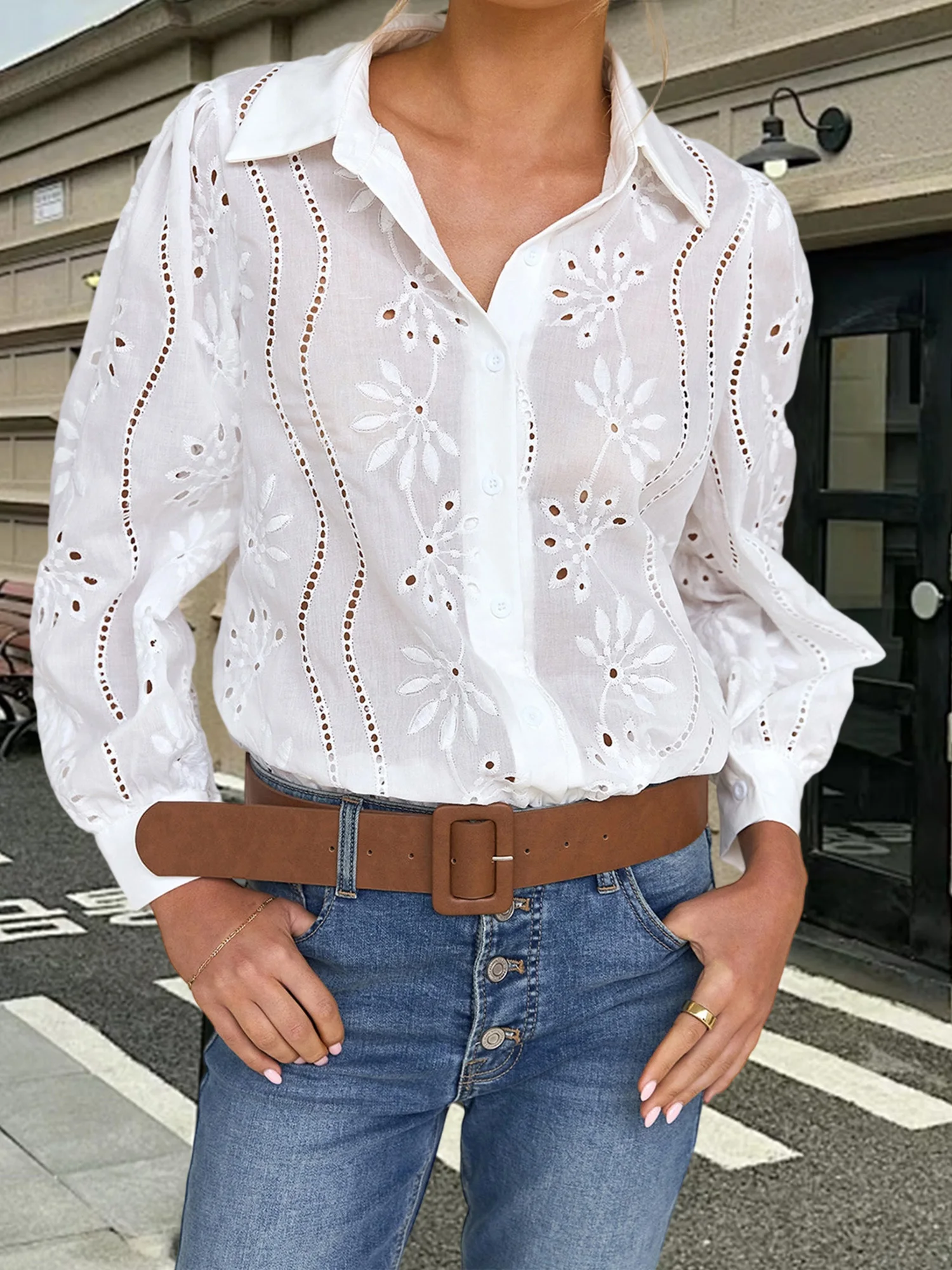 

Стильная женская блузка с люверсами, длинными рукавами и отложным воротником, однотонная свободная рубашка для модныхistas