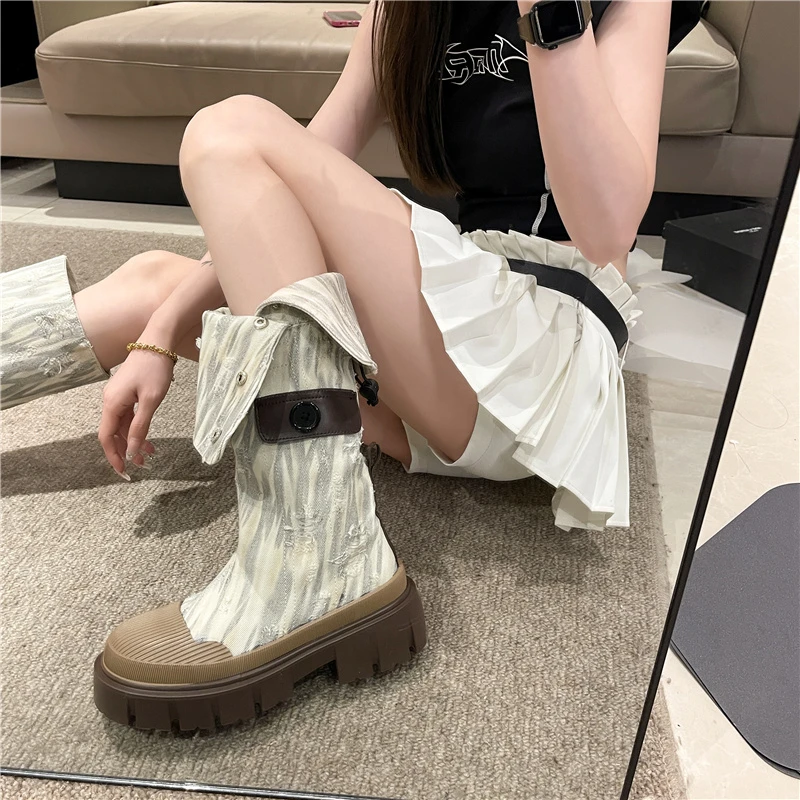 Denim Chelsea Knee High Boots Women Platform Shoe 2024 Designer Winter Flats Shoes Goth Motorcycle Boots Casual Shoes Botas