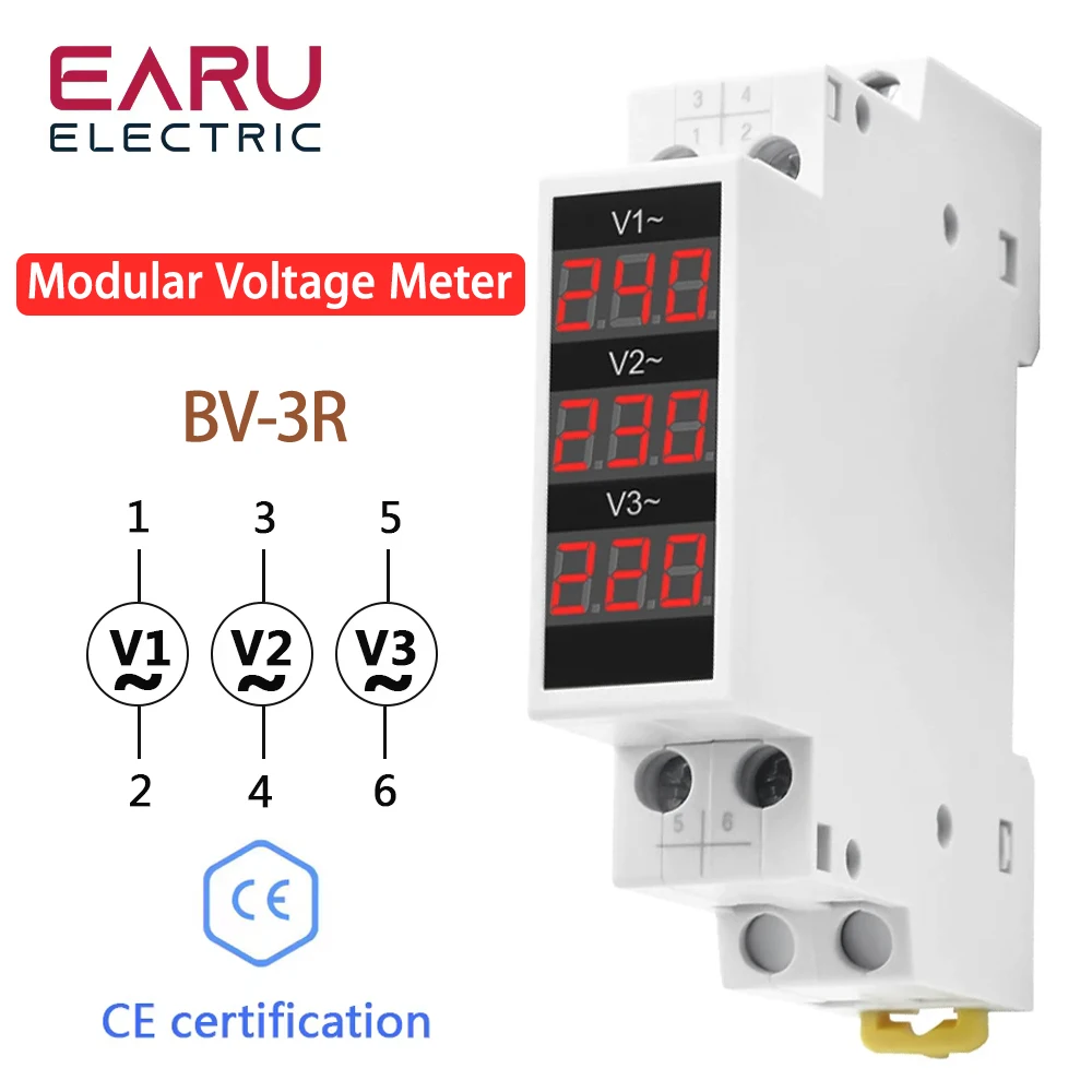 

Din Rail Mount Three Phase AC 80-500V Mini Modular Volt Voltage Meter Voltmeter Gauge Indicator BV-3R LED Digital Display