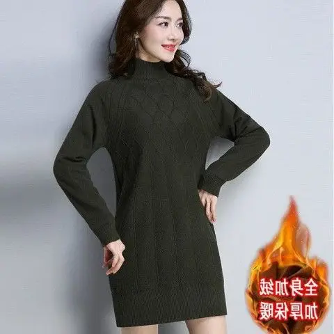 Women's Semi High Neck Medium Long Loose Oversized Warm Knit Base Sweater with Added Velvet and Thick Thickness