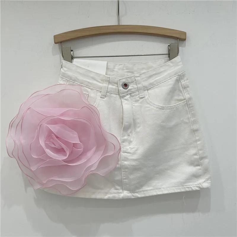 Heavy Industry 3D Large Flower Decorative Skirt Women 2024 Spring Summer New Loose All-Matching A- Line High Waist Denim Skirts