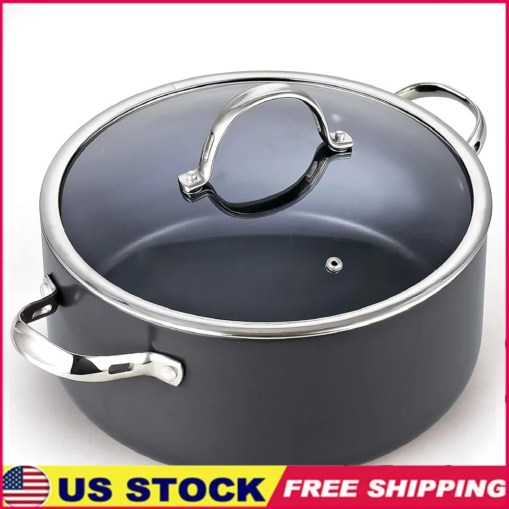 

Голландская духовка с антипригарным покрытием и стеклянной крышкой, посуда из твердого анодированного алюминия, 7 квартов, выравнивающая распределение тепла, черная кухонная необходимая