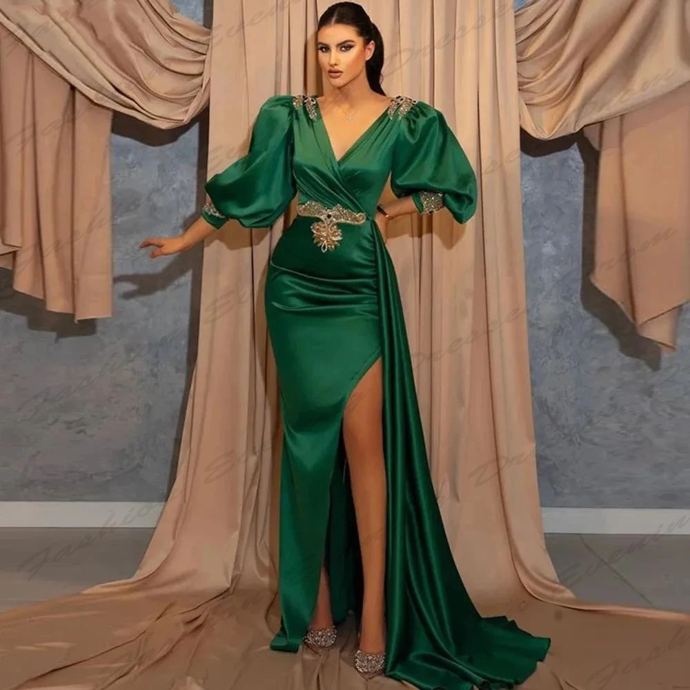 Elegante sereia vestidos de noite luxuosos para mulheres, sexy profundo decote em v, manga comprida fofa, fenda alta, esfregar simples, vestidos de baile, 2024