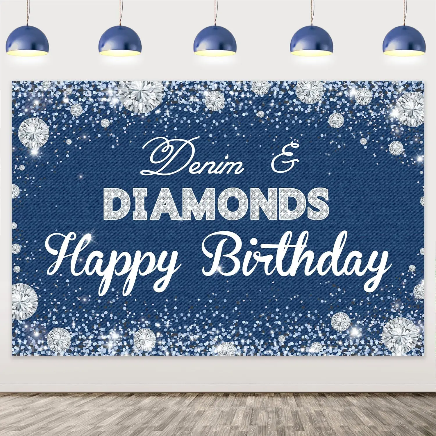 Fangleland Blue Denim and Diamonds Background Cloth Crystal Girls Happy Bday Party Decorations White Letters Party Supplies